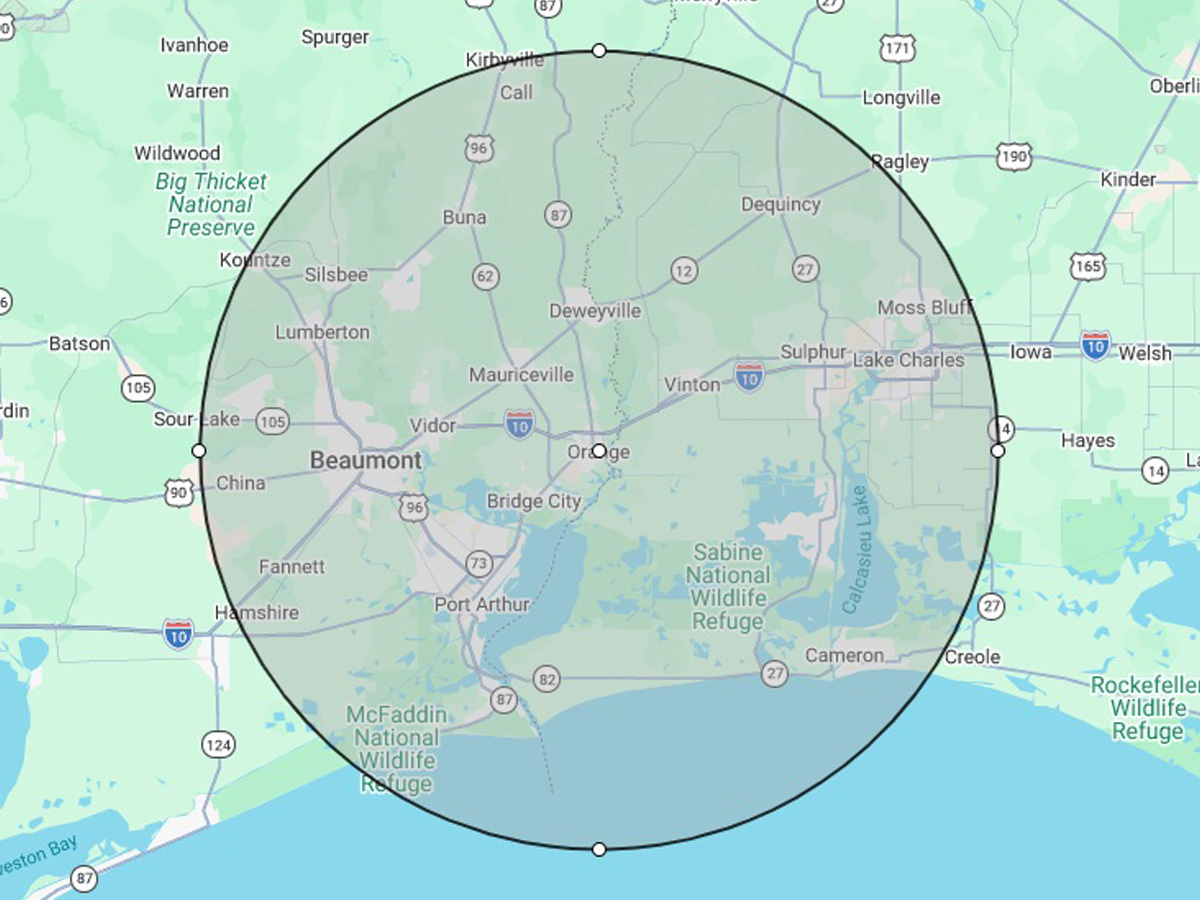 Barfield Home Inspections service area map covering Orange County and Southeast Texas